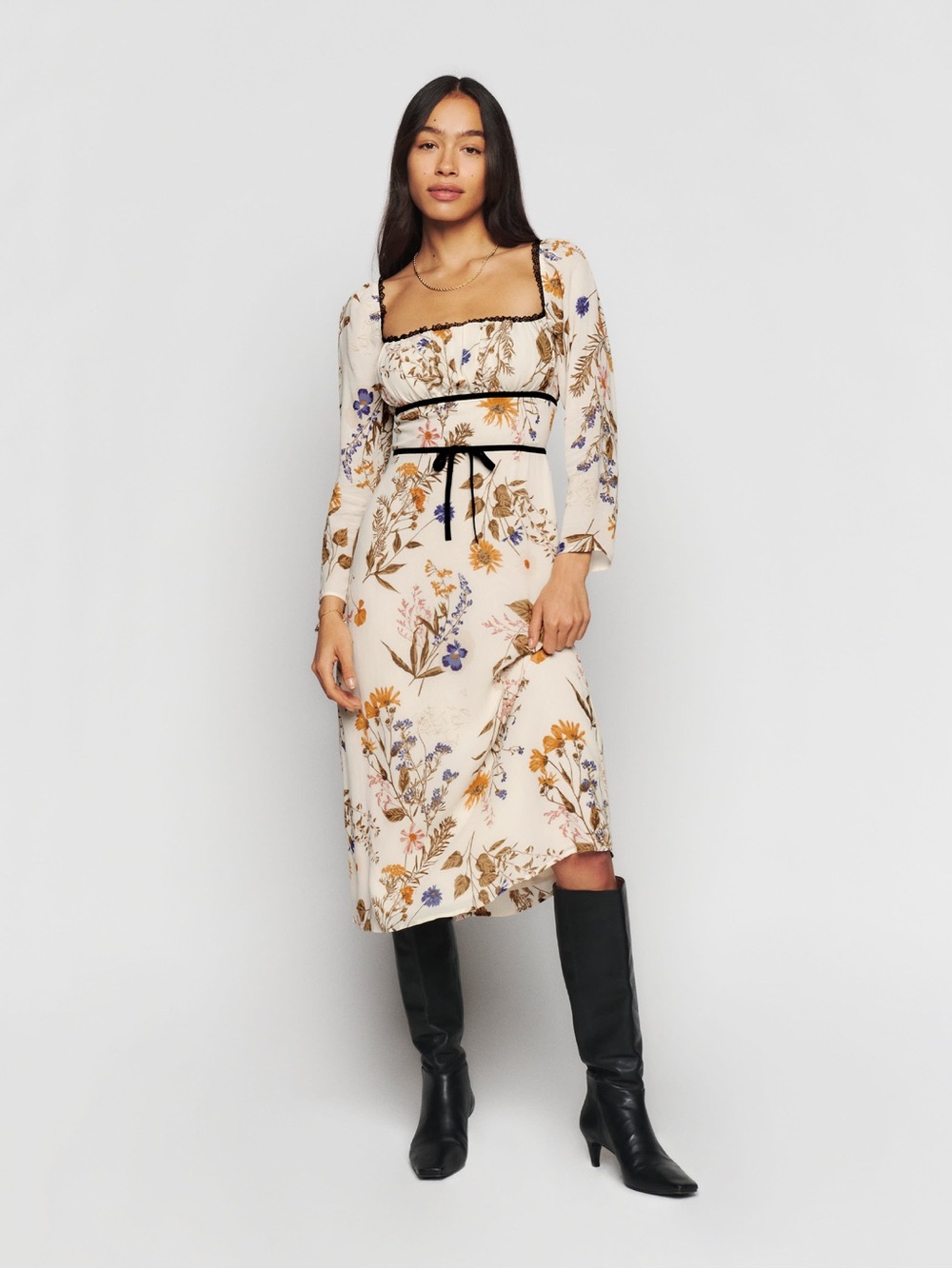 Reformation Pennie Floral Square-Neck Long Sleeve Midi Dress in Cream